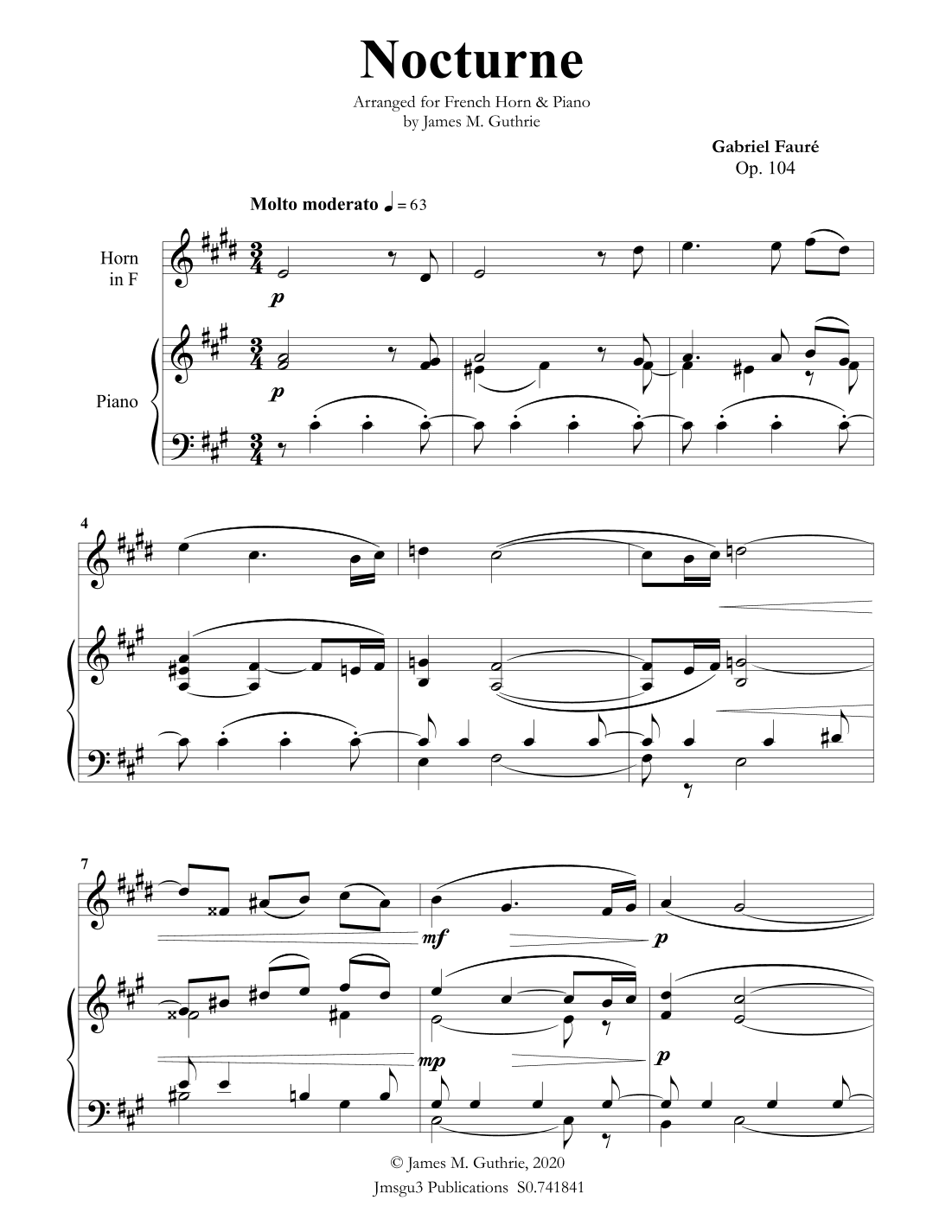 Fauré: Nocturne Op. 104 for French Horn & Piano (arr. James Guthrie, ASCAP)