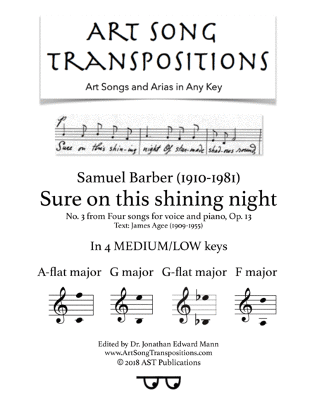 Sure On This Shining Night, Op. 13, No. 13 (arr. ArtSongTranspositions.com)