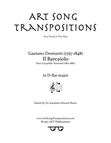 DONIZETTI: Il barcaiolo (transposed to D-flat major) (arr. ArtSongTranspositions.com)
