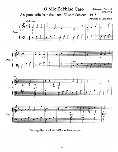 O Mio Babbino Caro. Famous favorite opera aria in easy piano arranging. (arr. Lana Smith)