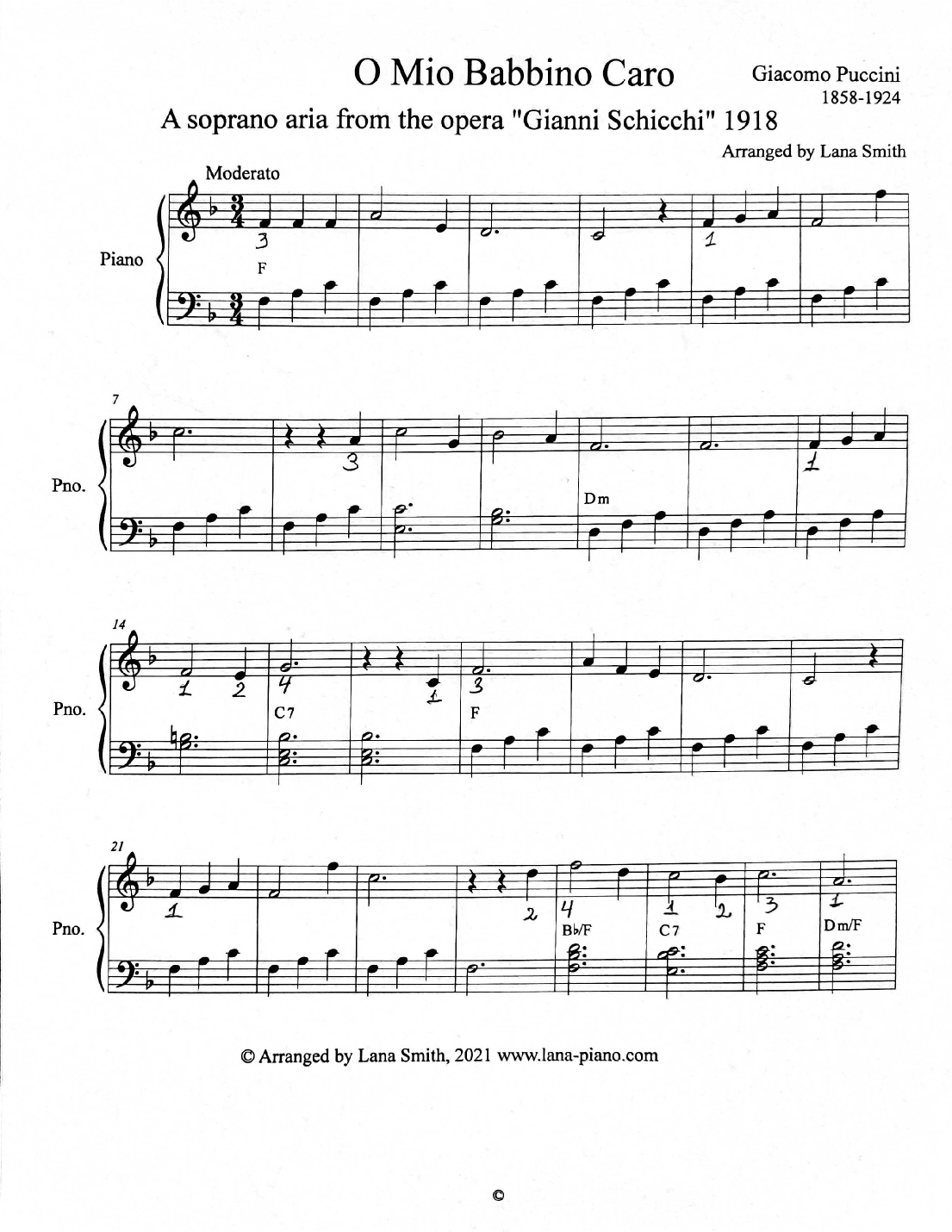 O Mio Babbino Caro. Famous favorite opera aria in easy piano arranging. (arr. Lana Smith)