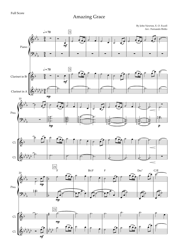 Amazing Grace for Clarinet in Bb & Clarinet in A Duo and Piano Accompaniment with Chords (arr. Fernando Britto)