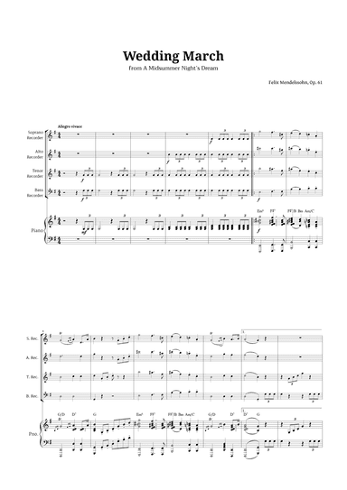 Wedding March by Mendelssohn for Recorder Quartet and Piano with Chords (arr. Langanho)