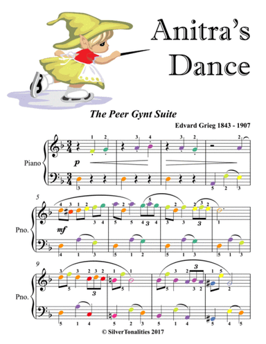 Anitra's Dance Peer Gynt Suite Easy Piano Sheet Music with Colored Notes (arr. SilverTonalities)