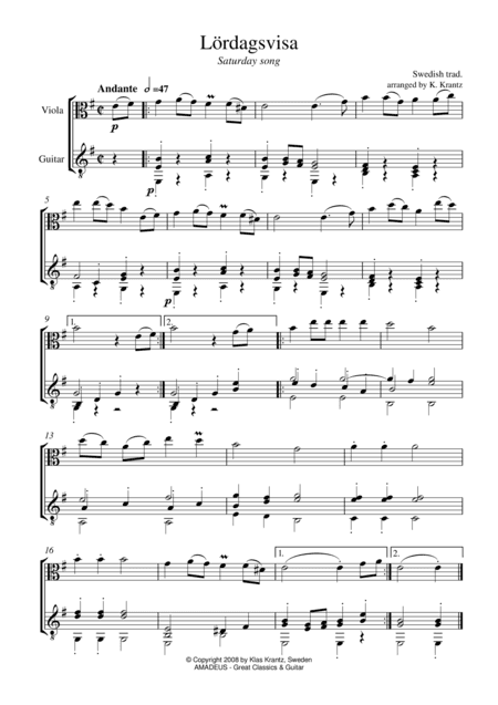 Lördagsvisa (Saturday Song) for viola and guitar (arr. K. Krantz)