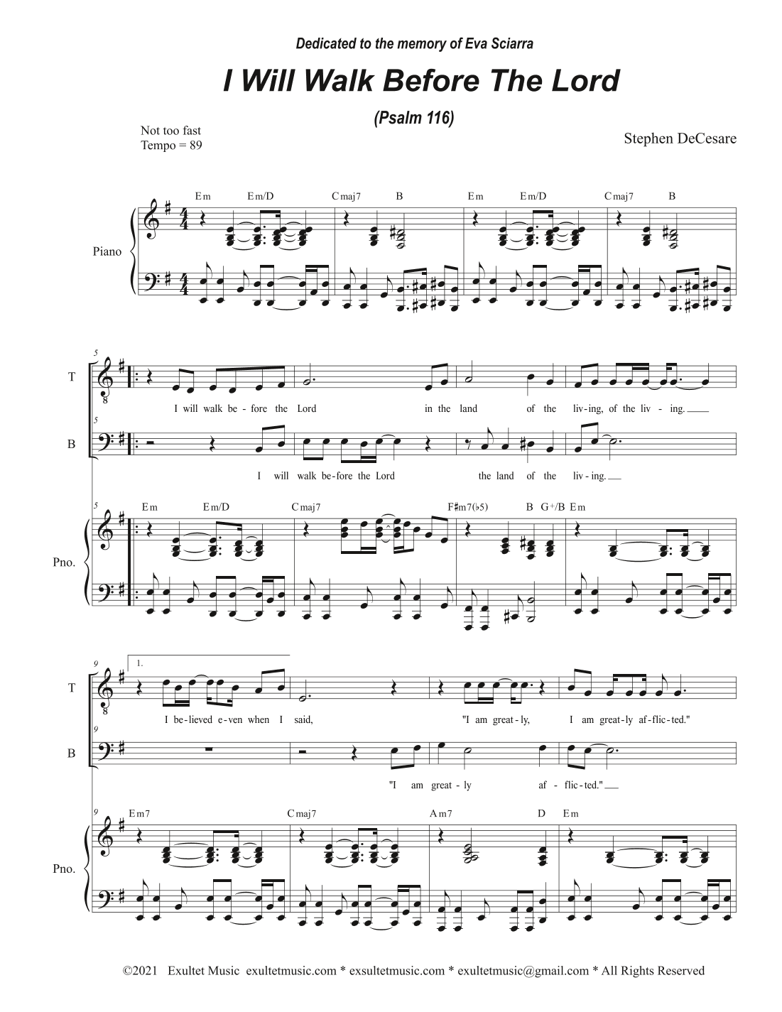 I Will Walk Before The Lord (Psalm 116) (Duet for Tenor and Bass solo)