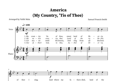 America (My Country, 'Tis of Thee) - Voice and Piano in B-flat (arr. Valdir Maia)