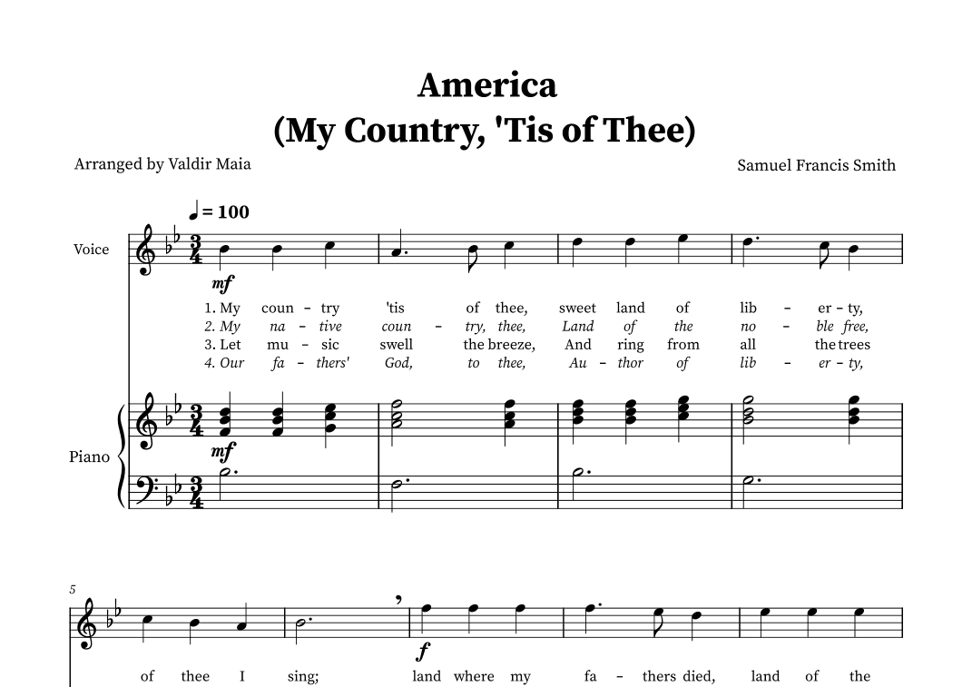 America (My Country, 'Tis of Thee) - Voice and Piano in B-flat (arr. Valdir Maia)