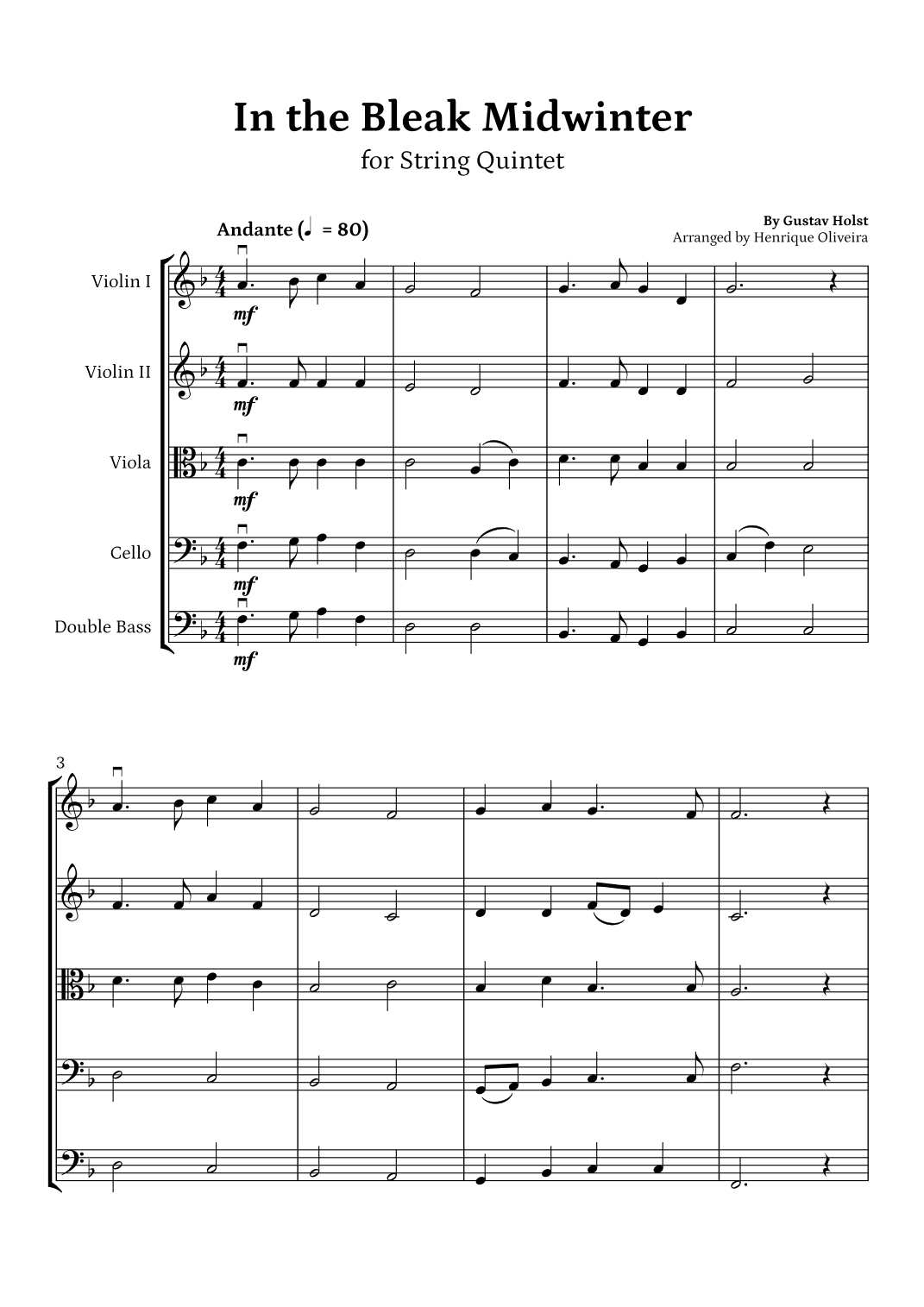 In the Bleak Midwinter (String Quintet) - Beginner Level (arr. Henrique Oliveira)