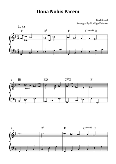 Dona Nobis Pacem - for piano - beginner level 3 (featuring chords and fingerings) (arr. Rodrigo Faleiros)