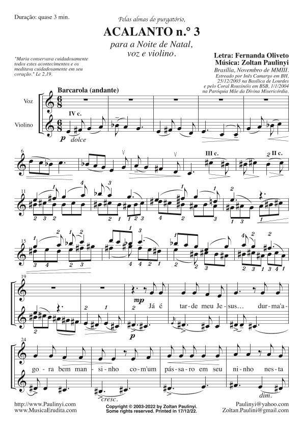 Acalanto (Berceuse) n.3 for voice and violin