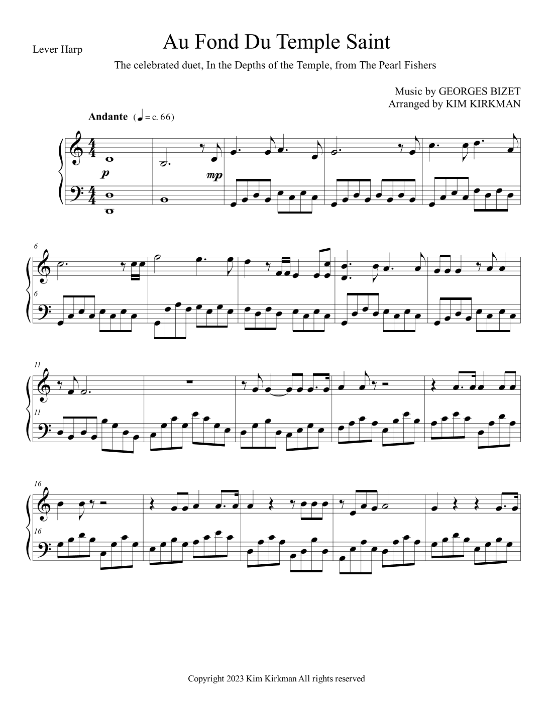 Au font du temple saint (The Peart Fishers Duet) for lever harp in C no levers required! (arr. Kim Kirkman)