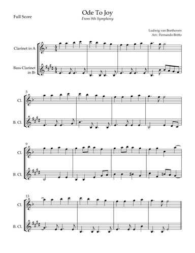 Ode To Joy Theme (from Beethoven's 9th Symphony) for Clarinet in A & Bass Clarinet in Bb (arr. Fernando Britto)