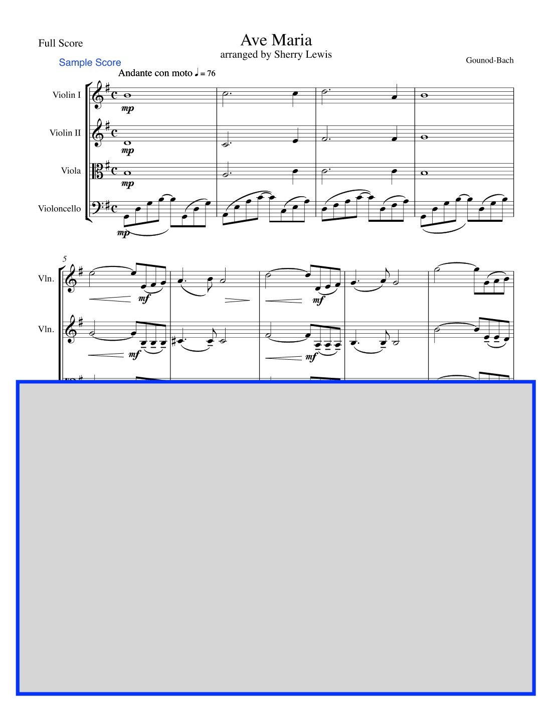 Ave Maria - Bach-Gounod, String Quartet, Intermediate Level for 2 violins, viola and cello (arr. Sherry Lewis)