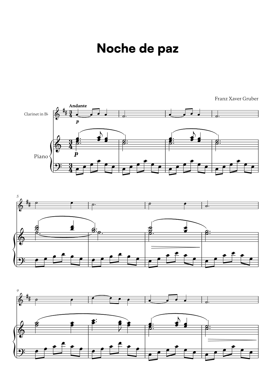 Franz Xaver Gruber - Noche de paz (for Clarinet in Bb and Piano) (arr. Cadenza Editions)