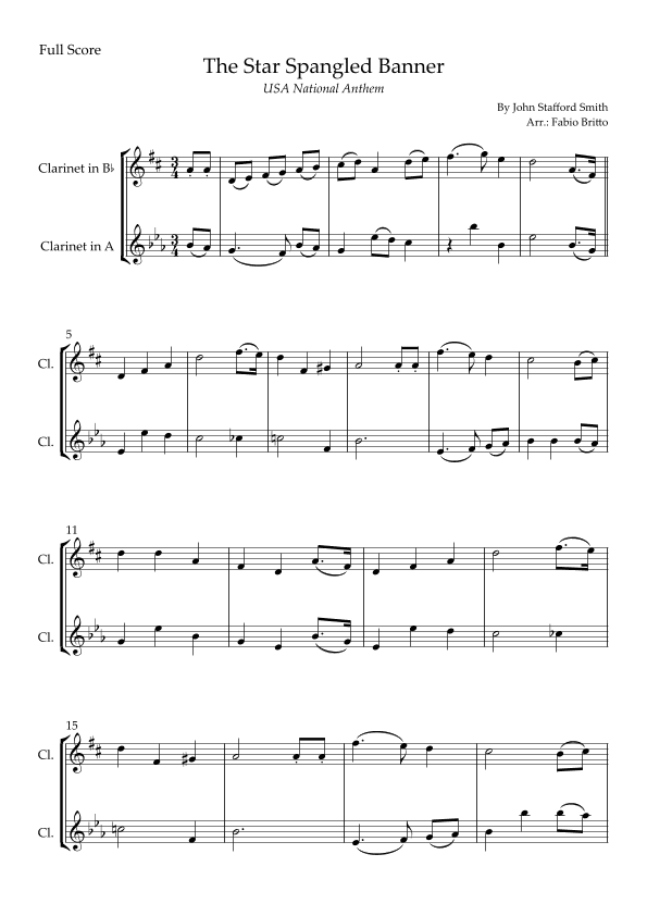 The Star Spangled Banner (USA National Anthem) for Clarinet in Bb & Clarinet in A Duo (arr. Fabio Britto)