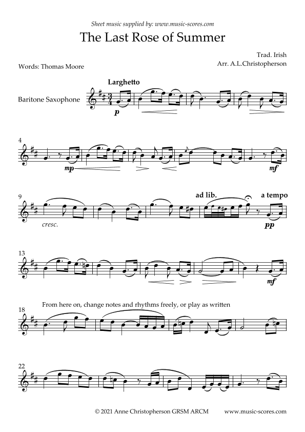The Last Rose of Summer - Unaccompanied Baritone Sax (arr. Anne L Christopherson GRSM ARCM)