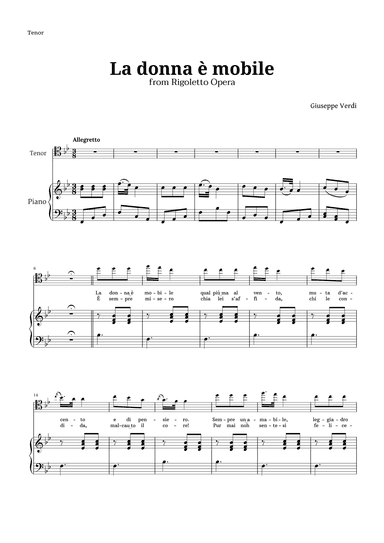 La donna è mobile in B-flat major for Tenor and Piano (arr. Langanho)