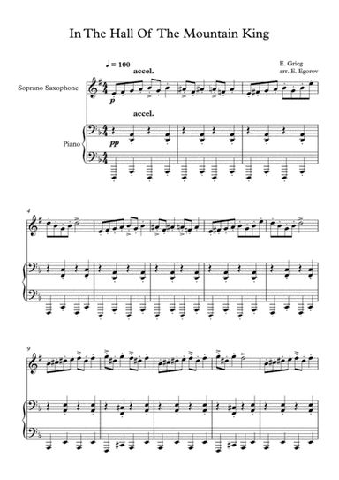 In The Hall Of The Mountain King, Edvard Grieg, For Soprano Sax & Piano (arr. Eugene Egorov)