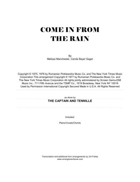 Come In From The Rain (arr. Jim Farley www.arrangementsone.com)