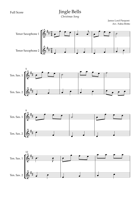 Jingle Bells (Christmas Song) for Tenor Saxophone Duo (arr. Fabio Britto)