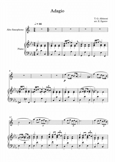 Adagio (In G Minor), Tomaso Giovanni Albinoni, For Alto Saxophone & Piano (arr. Eugene Egorov)