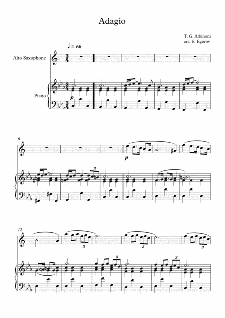 Adagio (In G Minor), Tomaso Giovanni Albinoni, For Alto Saxophone & Piano (arr. Eugene Egorov)