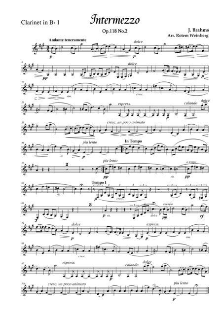 Intermezzo in A Op.118 No.2 (Clarinet Quintet) (arr. Rotem Weinberg)