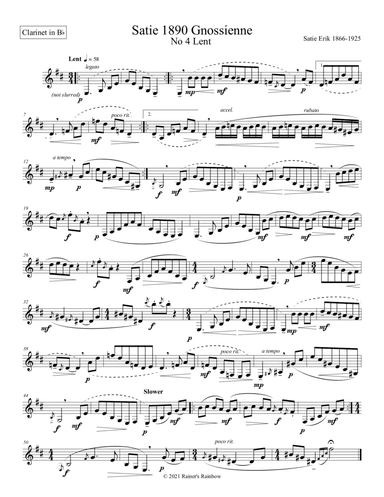 Satie 1890 Gnossienne No 4 Lent for unaccompanied solo Clarinet (arr. Rainer Grant Roth)