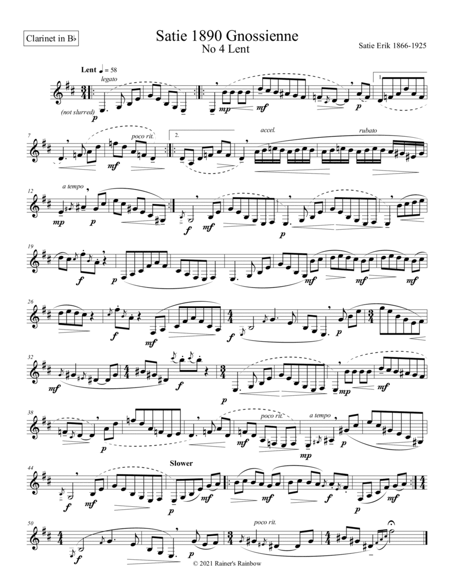 Satie 1890 Gnossienne No 4 Lent for unaccompanied solo Clarinet (arr. Rainer Grant Roth)