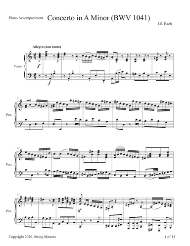 Bach, Concerto in A minor, BWV 1041 - Piano Accompaniment (arr. String Masters)