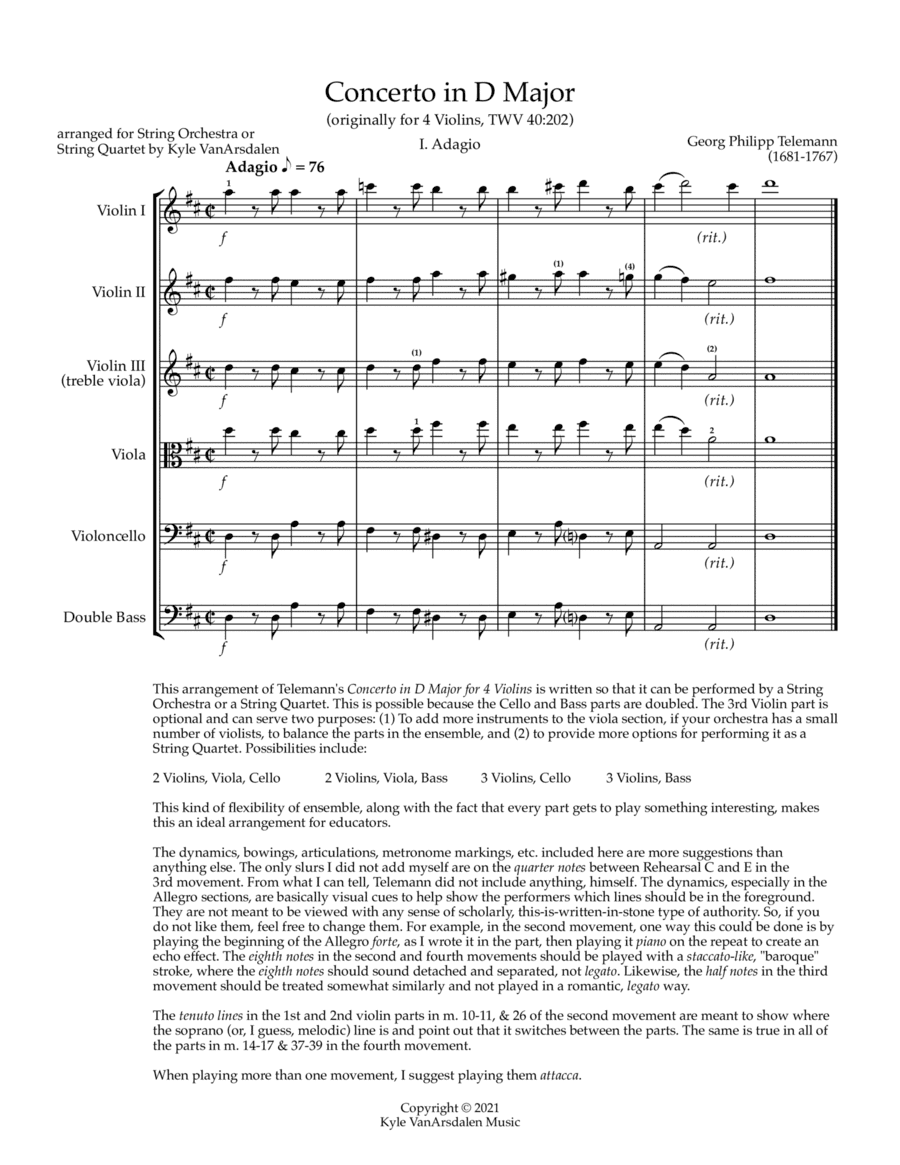 Concerto in D Major (TWV 40:202) (arr. Kyle VanArsdalen)