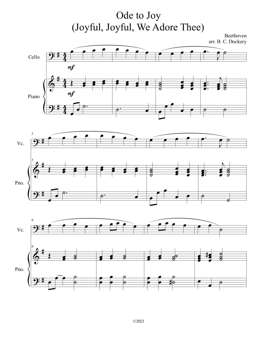 Ode to Joy (Joyful, Joyful, We Adore Thee) for solo cello with piano accompaniment (arr. B. C. Dockery)
