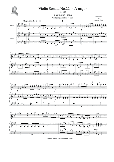 Mozart - Violin Sonata No.22 in A major K 305 for Violin and Piano - Score and Part (arr. Santino Cara)