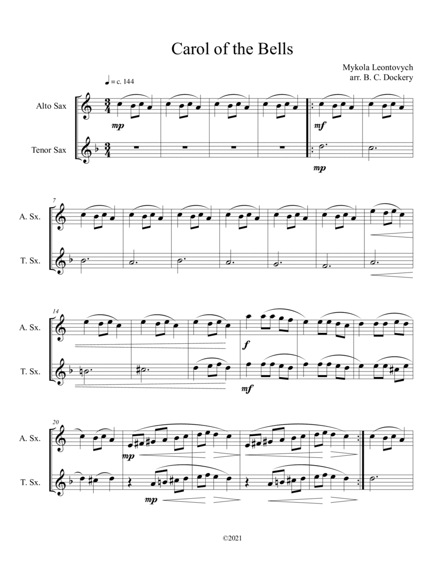 Carol of the Bells (Alto and Tenor Sax Duet) (arr. B. C. Dockery)