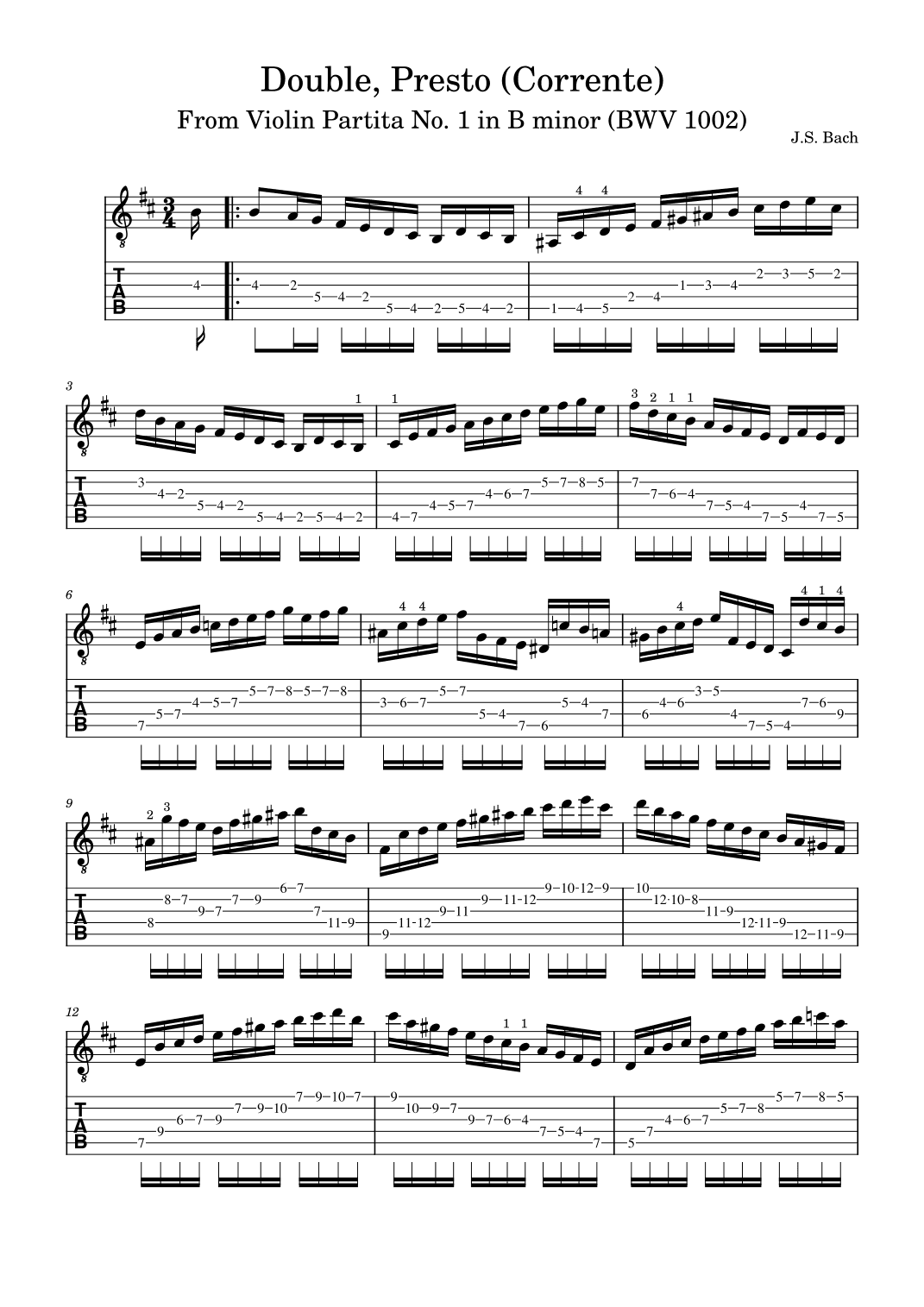 J.S. Bach: Double (Presto) (From Violin Partita No. 1 in B minor BWV 1002) Adaptation for E. Guitar (arr. Jussi Kontinen)