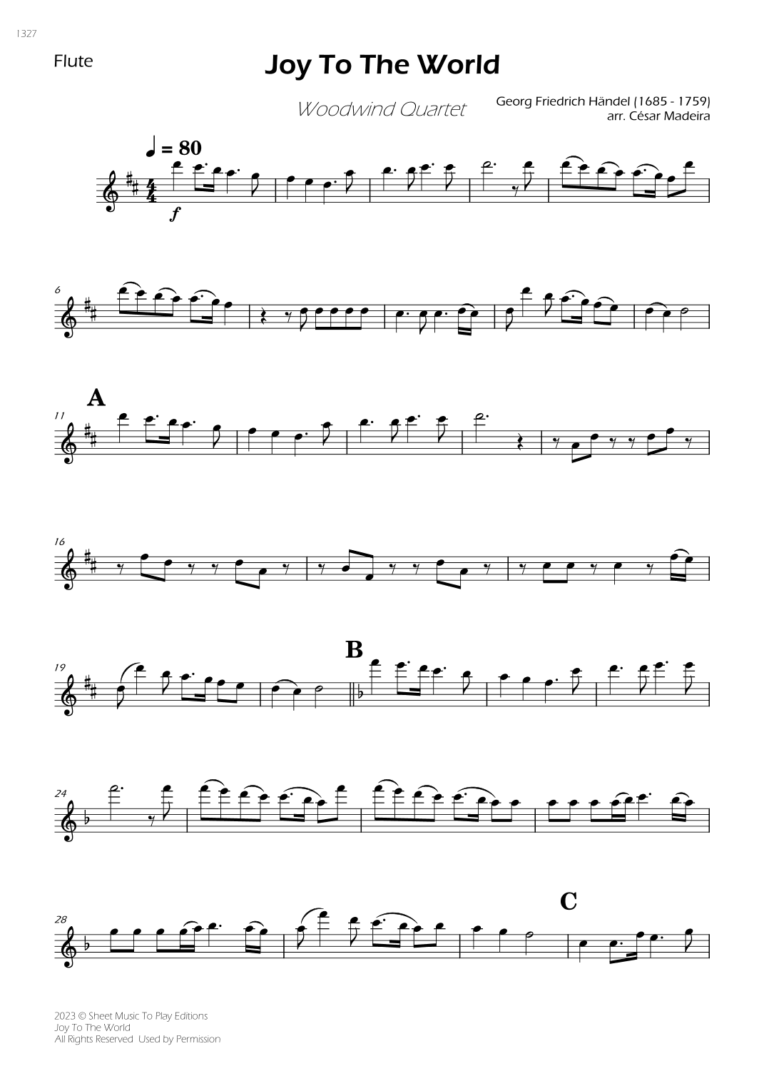 Joy To The World - Woodwind Quartet (Individual Parts) (arr. César Madeira)