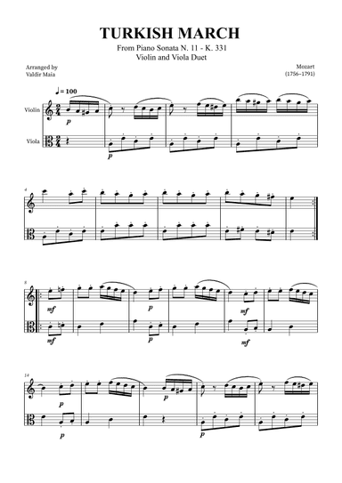 Turkish March - Violin and Viola Duet (arr. Valdir Maia)