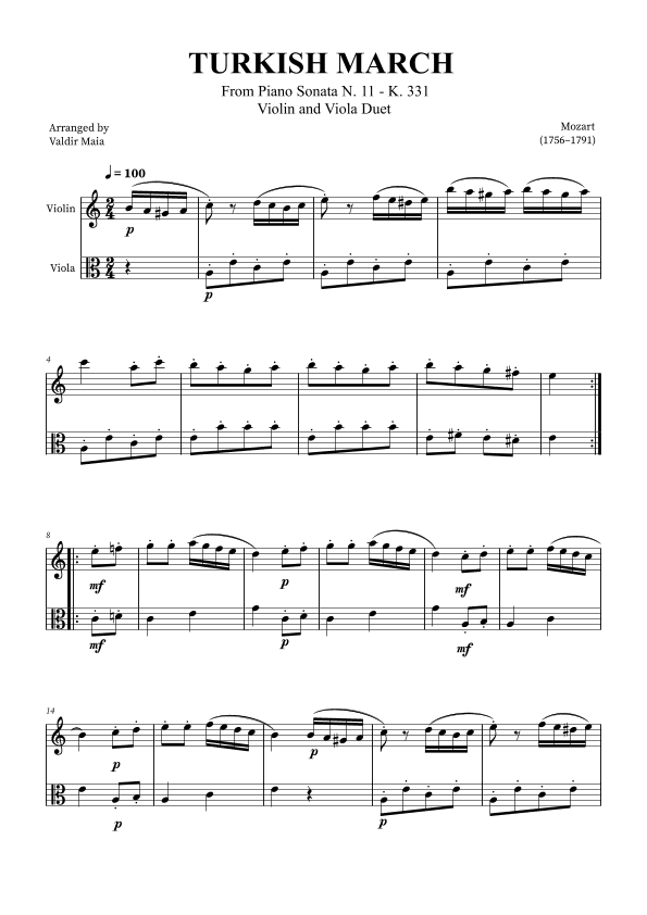 Turkish March - Violin and Viola Duet (arr. Valdir Maia)