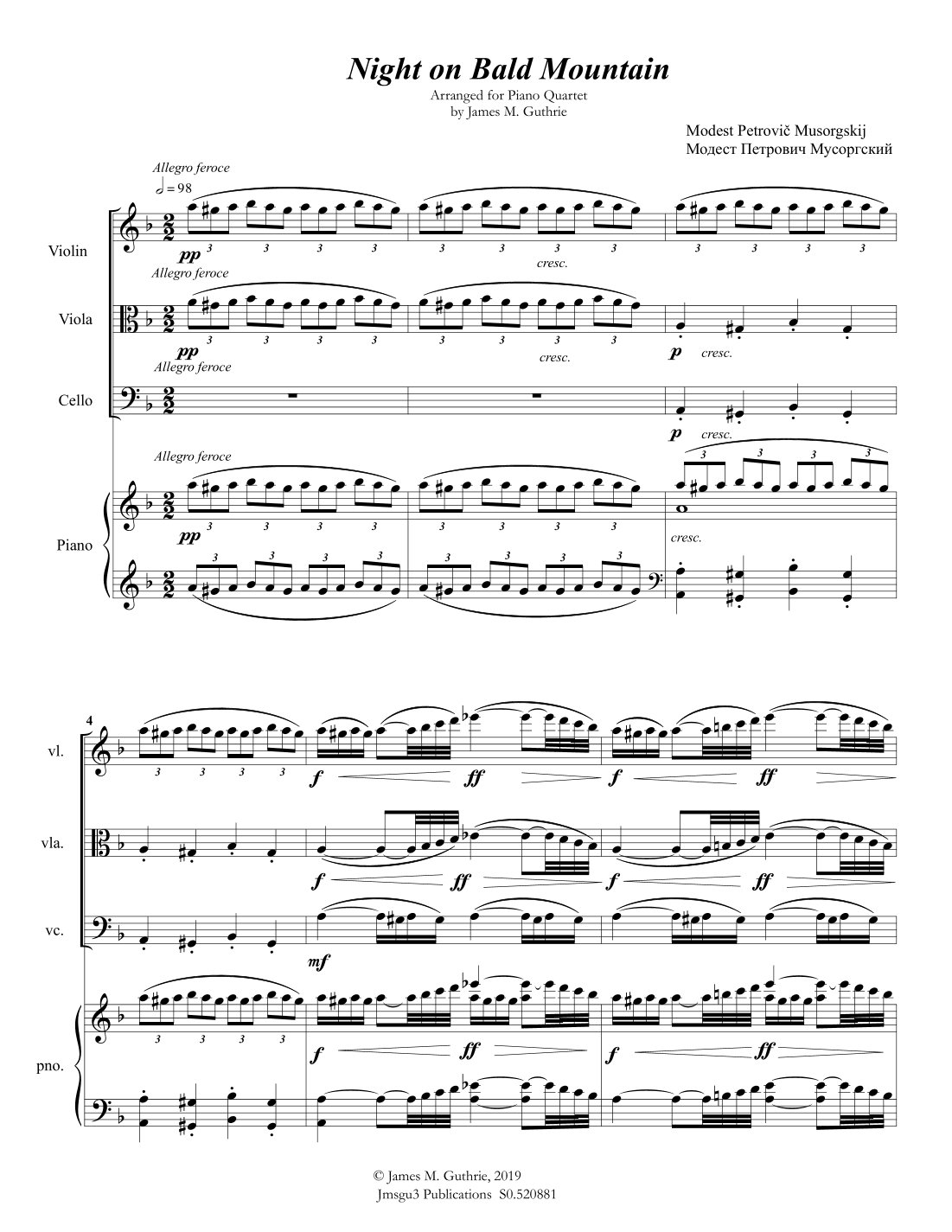 Mussorgsky: Night on Bald Mountain for Piano Quartet (arr. James M. Guthrie)