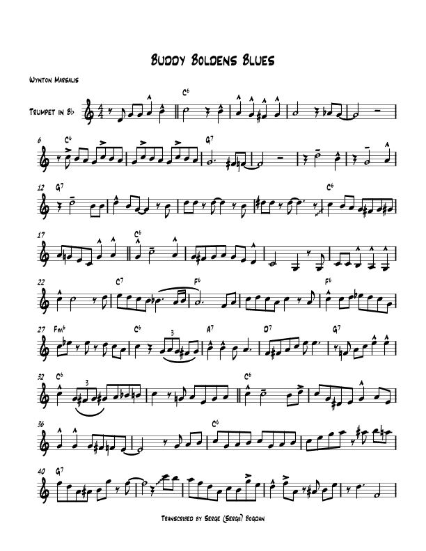 Buddy Bolden's Blues Trumpet Solo Transcription (Wynton-Marsalis-Solo-Bb-Instr) PDF (arr. transcribed by Serge "Sergii" Bogdan)