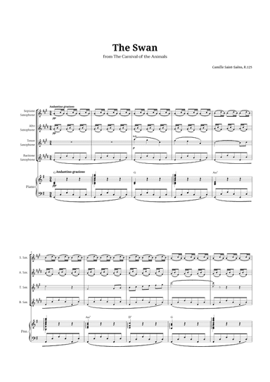 The Swan by Saint-Saëns for Sax Quartet and Piano with Chords (arr. Langanho)