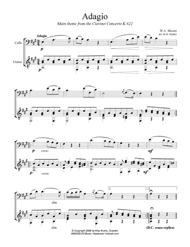 Adagio from the clarinet concerto (theme) for cello and guitar (arr. K. Krantz)