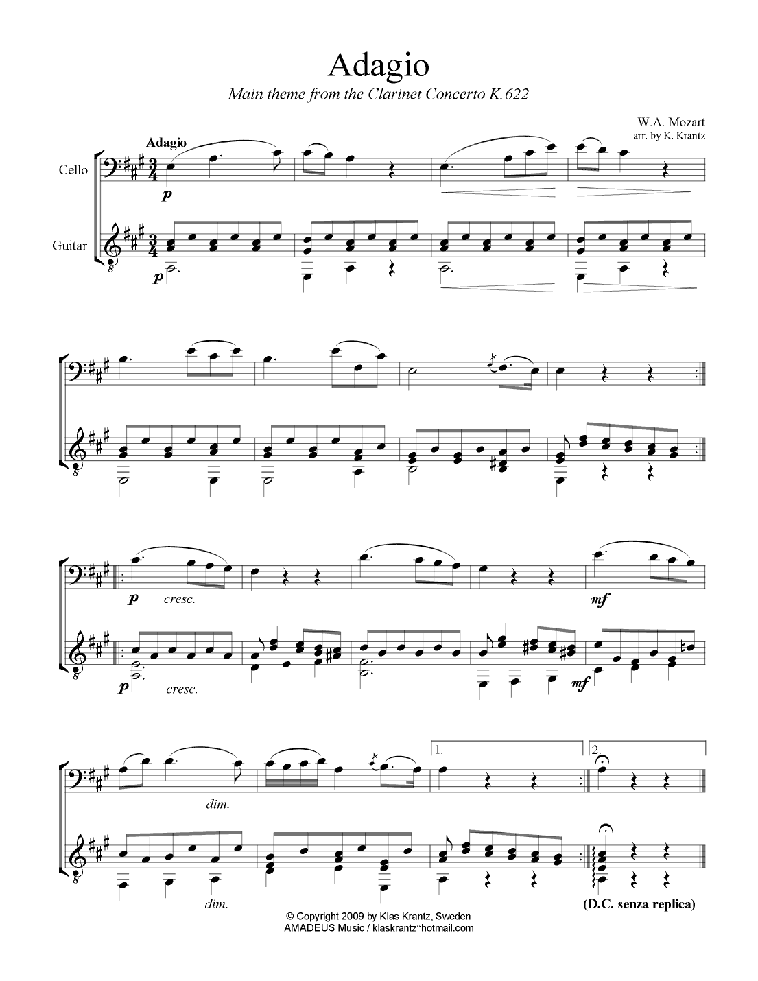 Adagio from the clarinet concerto (theme) for cello and guitar (arr. K. Krantz)