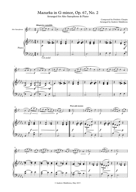 Mazurka in G Minor, Op. 67 No. 2 arranged for Alto Saxophone and Piano (arr. Andrew Middleton)