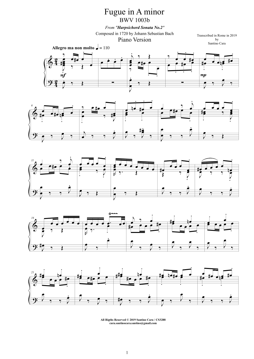 Bach - Fuga in A minor BWV 1003b - Piano version (arr. Santino Cara)
