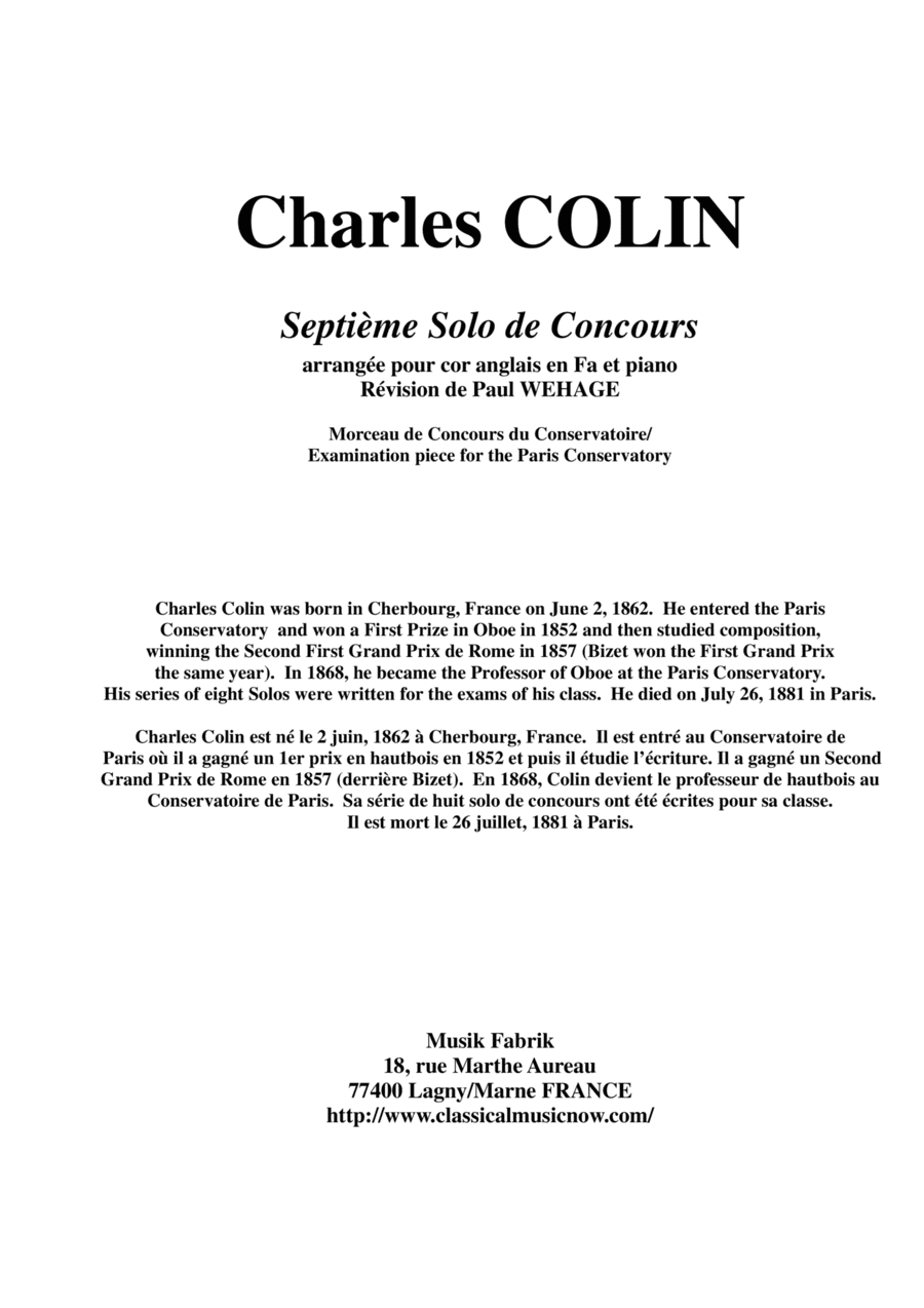 Charles Colin: Solo de Concours no. 7 for english horn in Fand piano, score and part (arr. Paul Wehage)