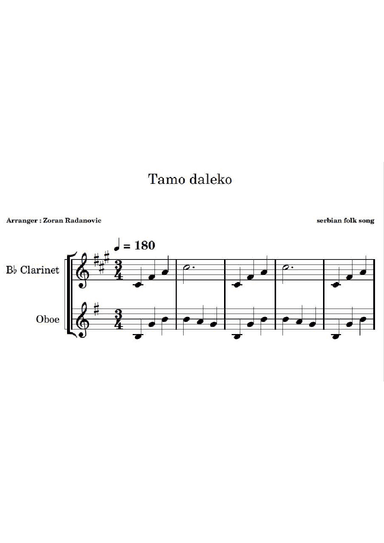 Tamo daleko - for Bb clarinet, oboe duet (arr. Zoran Radanovic)