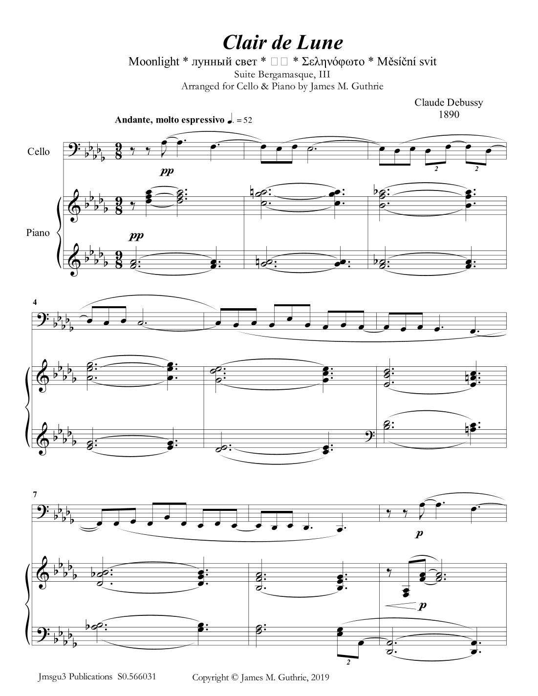 Debussy: Claire de Lune for Cello & Piano (arr. James M. Guthrie)