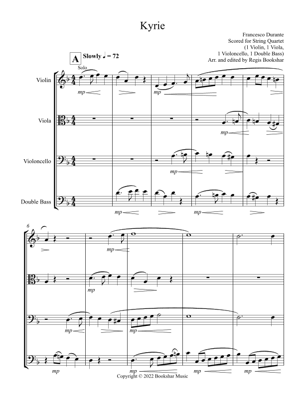 Kyrie (Durante) (String Quartet - 1 Violin, 1 Viola, 1 Cello, 1 Bass) (arr. Regis Bookshar)